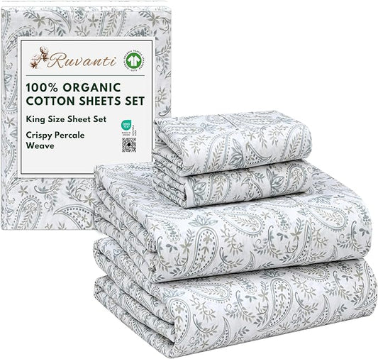 RUVANTI 100% Organic Cotton Sheets King Size, Percale Weave, GOTS Certified, 4-Piece Set, Deep Pocket 15", Crisp & Breathable, Soft Durable Bedding, Sábanas Algodón Orgánico – Ornate Oasis