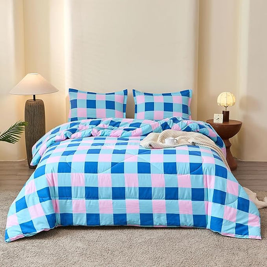 Caressma Blue Pink Checkered Comforter Set, Colorful Twin Size Plaid Comforter Bedding Set, Soft Grid Gingham Comforter Home Decor for All Seasons