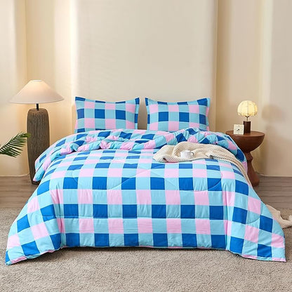 Caressma Comforter Set Blue and Pink Checkered King Size, 3 Pieces Buffalo Grid Comforter Bedding Set, Geometric Checkered Bedding with Pillowshams