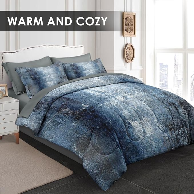 7 Pcs King Size Comforter Set with 2 Pillowcases & 2 Shams, Navy Indigo Blue Bedding for Kids and Adults, Contemporary Abstract Gray Bed in a Bag with Flat Fitted Sheet