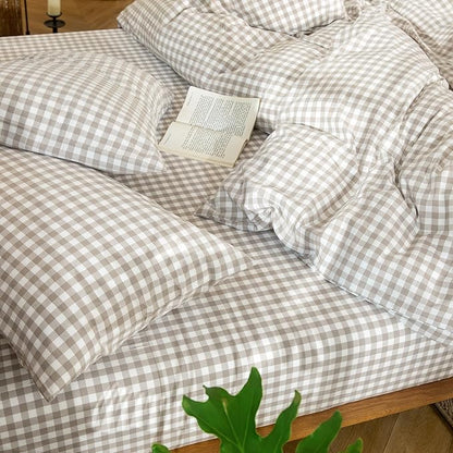 MooMee Gingham Duvet Cover Set 100% Washed Cotton Linen Like Textured Breathable Durable Soft Comfy Modern Checkered Design (Tannish Linen Grey Gingham, Palatial King/Oversized King 120"x98")