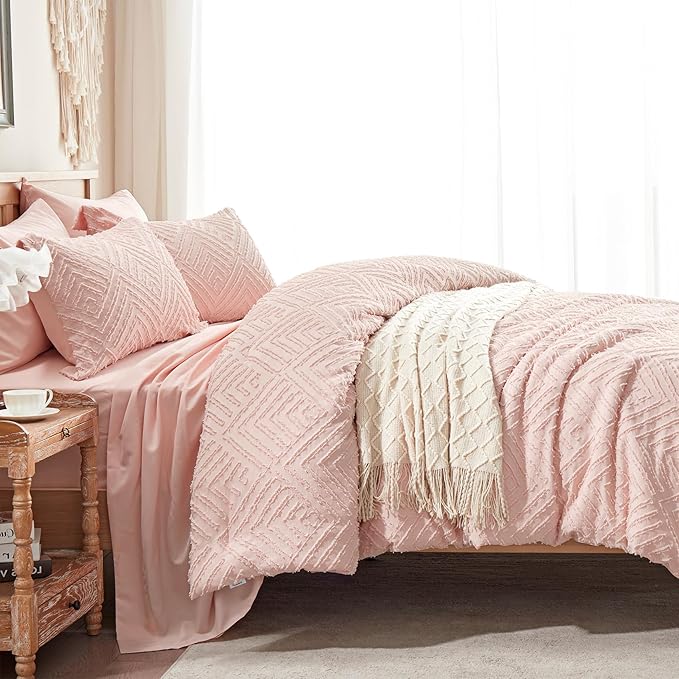 Zzlpp Twin Comforter Set 5 Pieces, Pink Tufted Bed in a Bag with Comforter and Pillowcase, All Season Boho Bedding Sets with 1 Comforter, 1 Pillow Sham, 1 Flat Sheet, 1 Fitted Sheet