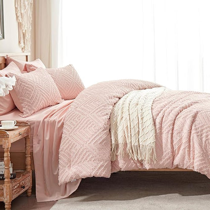 Zzlpp Twin Comforter Set 5 Pieces, Pink Tufted Bed in a Bag with Comforter and Pillowcase, All Season Boho Bedding Sets with 1 Comforter, 1 Pillow Sham, 1 Flat Sheet, 1 Fitted Sheet