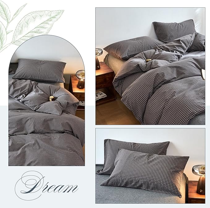 EAVD Vintage Style Dark Grey Plaid Duvet Cover King 100% Washed Cotton Like Linen Feel Soft Red Grid Gingham Bedding Set with 2 Pillowcases Reversible Retro Dark Grey Gingham Duvet Cover with Zipper