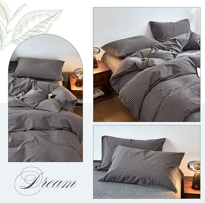 EAVD Vintage Style Dark Grey Plaid Duvet Cover Queen 100% Washed Cotton Like Linen Feel Soft Red Grid Gingham Bedding Set with 2 Pillowcases Reversible Retro Dark Grey Gingham Duvet Cover with Zipper