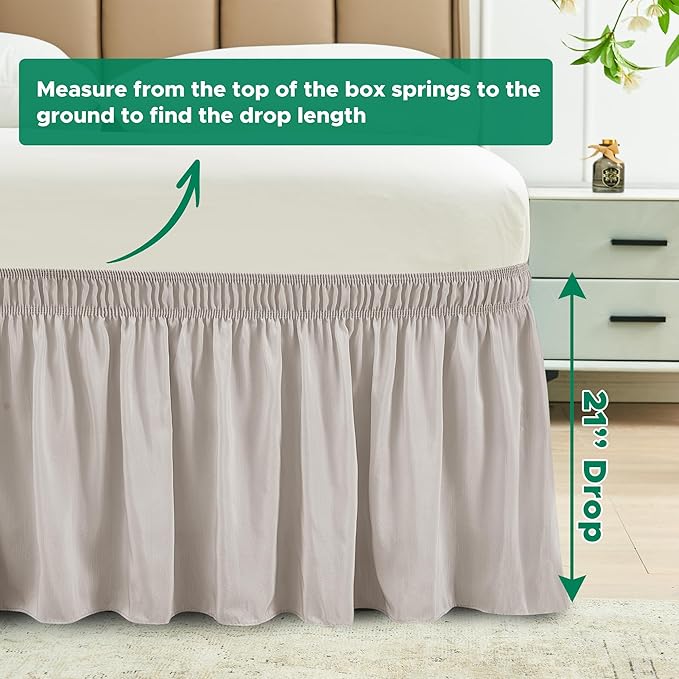 Biscaynebay Wrap Around Bed Skirts for King & Cal King Beds with 21" Drop, Camel Grey Adjustable Elastic Dust Ruffles Easy Fit Wrinkle Resistant Silky Luxurious Fabric Machine Washable