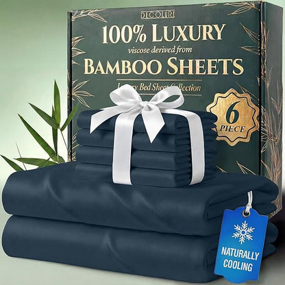DECOLURE 100% Viscose Derived from Bamboo Sheets Full Size - Luxury 6 Pc Naturally Cooling Sheets, Ultra Soft Bed Set - Deep 17" Pockets, Durable Double Stitching, Oeko Tex Standard (Navy Blue)