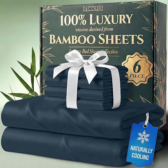 DECOLURE 100% Viscose Derived from Bamboo Sheets Queen Size - Luxury 6 Pc Naturally Cooling Sheets, Ultra Soft Bed Set - Deep 17" Pockets, Durable Double Stitching, Oeko Tex Standard (Navy Blue)