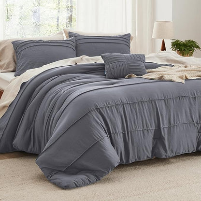 Bedsure Queen Comforter Set - 4 Pieces Pinch Pleat Bed Set, Dark Grey Boho Bedding for All Season, 1 Soft Comforter, 2 Pillowcases, 1 Decorative Pillow