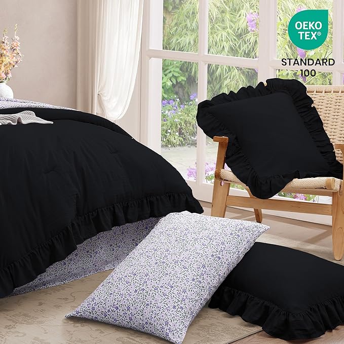 Queen Comforter Set - 7 Pieces Ruffle Black Bedding Sets, Shabby Chic Farmhouse Bed in a Bag Queen with Ruffle Comforter, Floral Sheets, Pillowcases & Shams