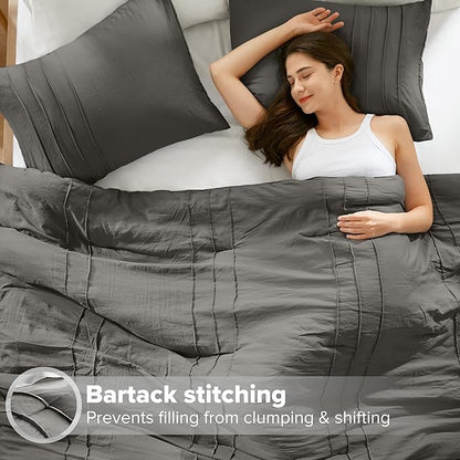 Comfort Spaces Grey Twin Size Comforter Set - 2 Pieces Pintuck Pleated Bedding Sets Twin, All Season Lightweight, Extra Softness Pre-Washed Microfiber Twin Bed Set, Shams, Twin/Twin XL