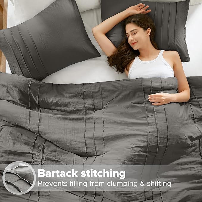 Comfort Spaces Grey Queen Size Comforter Set - 3 Piece Pintuck Pleated Bedding Set, All Season Lightweight, Extra Softness Pre-Washed Microfiber Bed Set, Shams