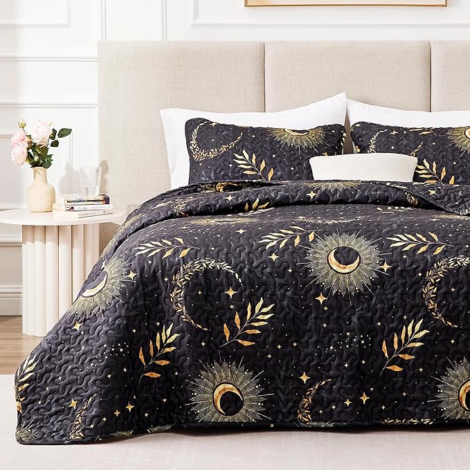 EXQ Home Quilt Set Full Queen Size Black Print 3 Piece,Lightweight Soft Coverlet Modern Style Moon Pattern Bedspread Set(1 Quilt,2 Pillow Shams)