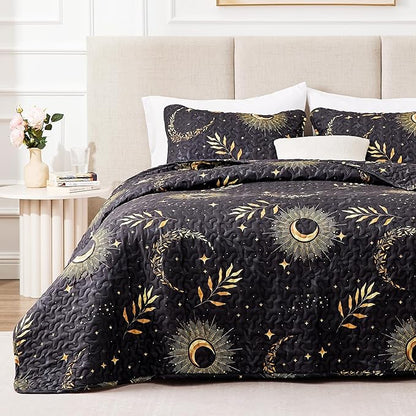 EXQ Home Quilt Set Full Queen Size Black Print 3 Piece,Lightweight Soft Coverlet Modern Style Moon Pattern Bedspread Set(1 Quilt,2 Pillow Shams)