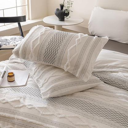 Cottonight White Black Boho Comforter Set Twin Farmhouse Tufted Bedding Set Soft Bohemain Shabby Chic Blanket Quilts Embroidery Rustic Luxury Soft 3PCS Bed Set for Women Men