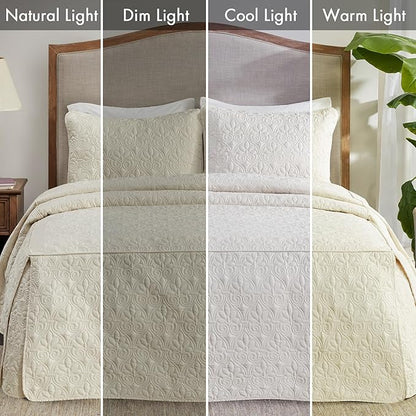 Madison Park Quebec Split Corner Quilted Bedspread Classic Traditional Design All Season, Lightweight, Bedding Set, Matching Shams, Queen, Damask Quilted Cream 3 Piece