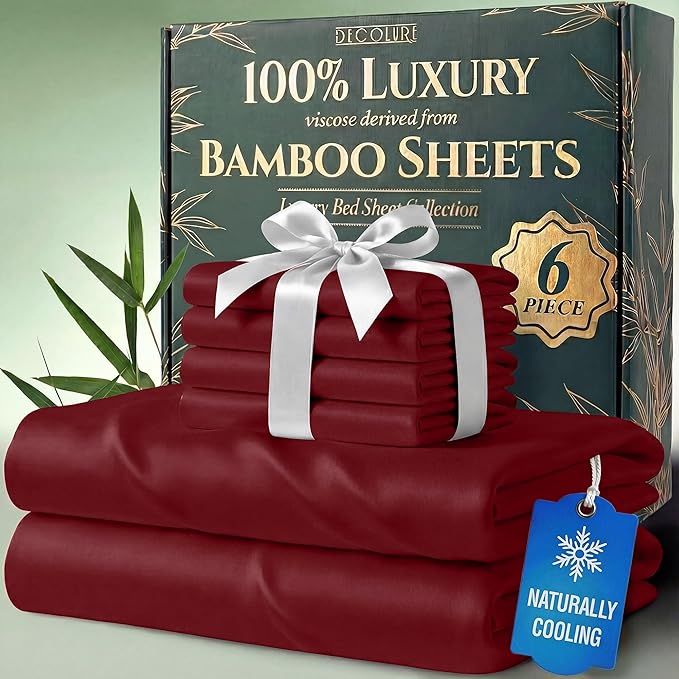 DECOLURE 100% Viscose Derived from Bamboo Sheets Queen Size - Luxury 6 Pc Naturally Cooling Sheets, Ultra Soft Bed Set - Deep 17" Pockets, Durable Double Stitching, Oeko Tex Standard (Burgundy)