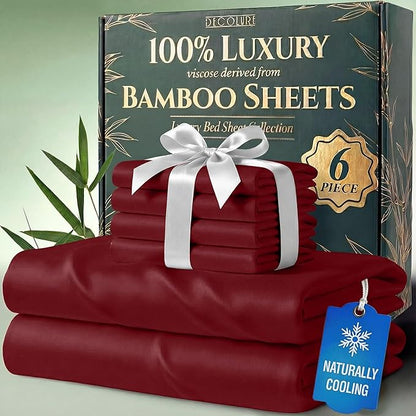 DECOLURE 100% Viscose Derived from Bamboo Sheets Queen Size - Luxury 6 Pc Naturally Cooling Sheets, Ultra Soft Bed Set - Deep 17" Pockets, Durable Double Stitching, Oeko Tex Standard (Burgundy)