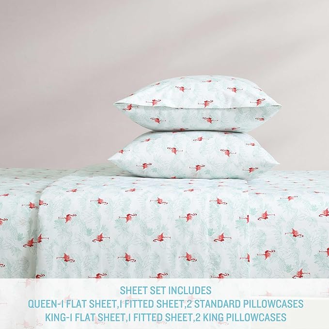 Tommy Bahama - King Size Sheet Set, Crisp & Cool Cotton Percale Bedding with a Smooth Lightweight Feel, 4 Piece Holiday Bed Sheets with Matching Pillowcases (Flamingo Santa Green)