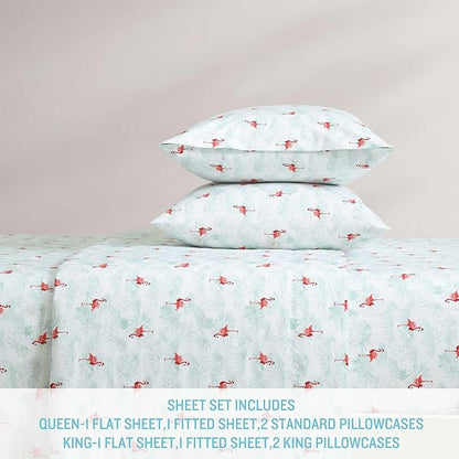 Tommy Bahama - King Size Sheet Set, Crisp & Cool Cotton Percale Bedding with a Smooth Lightweight Feel, 4 Piece Holiday Bed Sheets with Matching Pillowcases (Flamingo Santa Green)