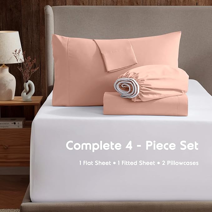 Nestl Queen Sheet Set - Luxury 1800 Ultra-Soft Microfiber Bed Sheets - Double Brushed - Deep Pockets - Easy Fit - 4 Piece Set - Bedding Sheets & Pillowcases (Queen, Peach)