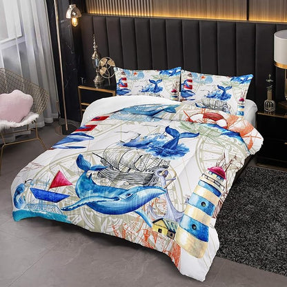 Nautical Whale Comforter Set King,Blue Whale Ocean Lighthouse 3 Pieces Bedding Set for Kids Boys Teens,Vintage Nautical Map Microfiber Lightweight Quilt Bedroom Decor with 2 Pillow Cases
