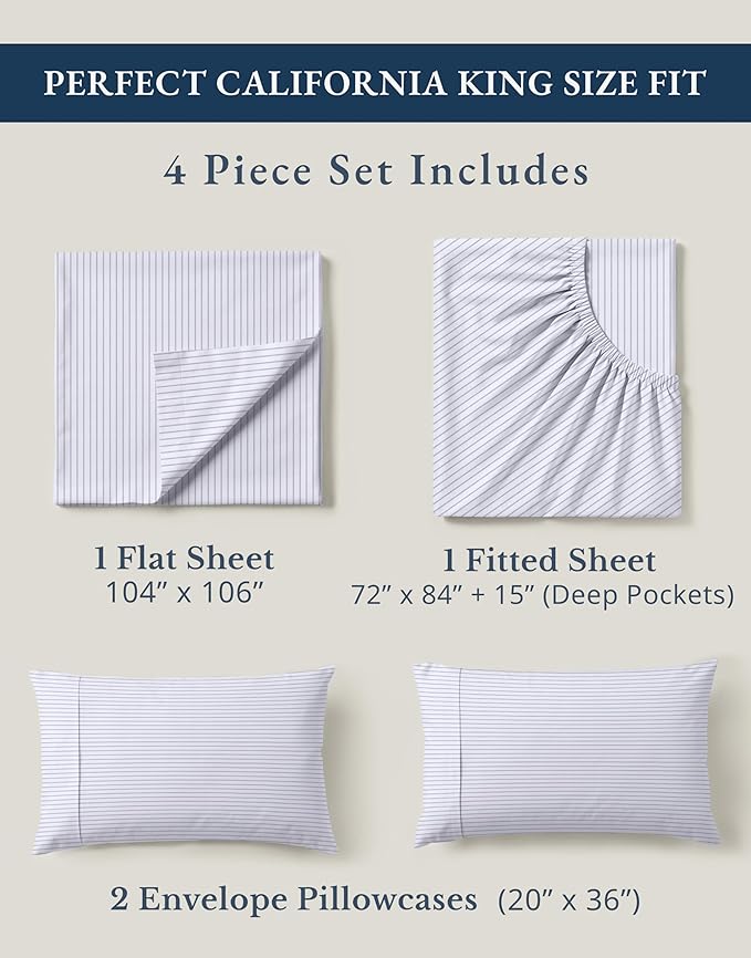 LANE LINEN 100% Organic Cotton Printed California King Sheets Set, 4-Piece All Season Fully Elasticized Deep Pocket Fits Mattress Upto 15", Mercerized Printed Cal King Sheet Set -Ticking Stripe Blue
