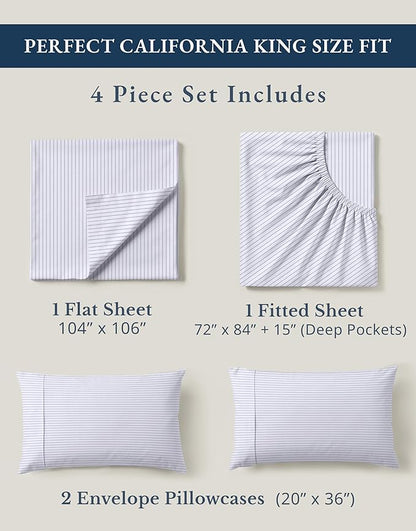 LANE LINEN 100% Organic Cotton Printed California King Sheets Set, 4-Piece All Season Fully Elasticized Deep Pocket Fits Mattress Upto 15", Mercerized Printed Cal King Sheet Set -Ticking Stripe Blue
