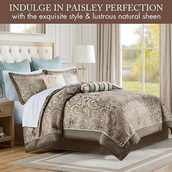 Madison Park Aubrey Cozy Comforter Set, Faux Silk Jacquard Paisley Design - All Season Down Alternative Bedding with Cotton Bed Sheets, Bed Skirt & Toss Pillows, California King Blue 12 Piece