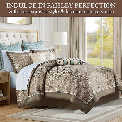 Madison Park Aubrey Cozy Comforter Set, Faux Silk Jacquard Paisley Design - All Season Down Alternative Bedding with Cotton Bed Sheets, Bed Skirt & Toss Pillows, California King Blue 12 Piece