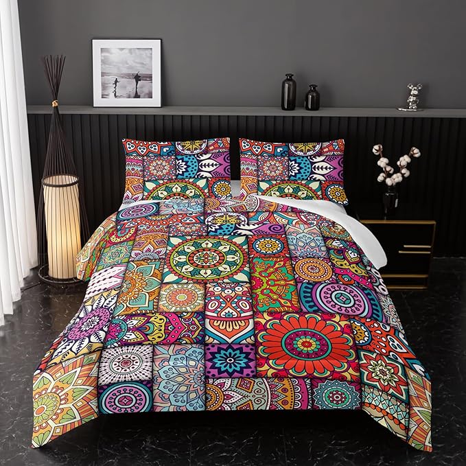Colorful Bohemian Comforter Sets Full Size,Geometry Bohemia Bedding Set for Your Room,Abstract Soft Lightweight Quilted Set All Season,1 Comforter and 2 Pillowcases