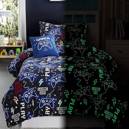 Full Size Comforter Set for Boys-4 Pieces Gamer Glow in the Dark Full Bedding Sets for Kids, 1 Comforter, 2 Shams and 1 Decor Pillow