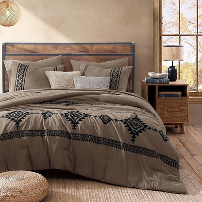 MaiRêve Embroidery King Size Comforter Set Taupe Grey, Boho Farmhouse Western Bedding Set 7 Pieces, All Season Bed in A Bag Comforter Set with Sheets, Pillowcases & Shams