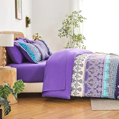 Boho Comforter Set Queen - 7 Pieces Bed in a Bag, Bohemian Striped Comforter Set with Sheets, Soft Microfiber Purple Floral Bedding Set for All Season