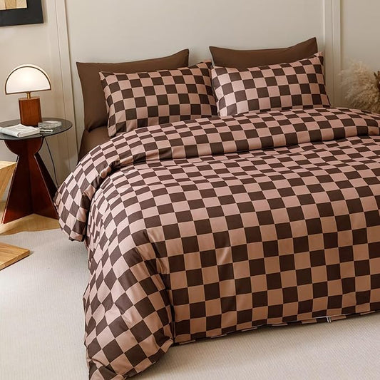 Houseri Brown Plaid Comforter Set King Chocolate Coffee Color Chessboard Bedding Sets Mocha Buffalo Checkered Bed Quilt Blanket King