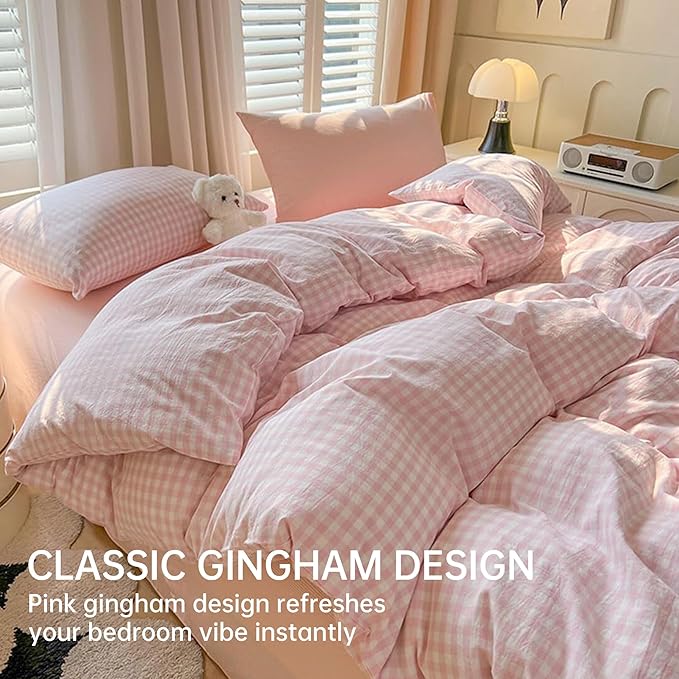 BOLINLIVING Gingham Queen Comforter Set 3 Pieces, Soft Breathable Bed in a Bag Queen Size, Pink White Checkered Plaid Bedding Set for All Season, 1 Comforter & 2 Pillowcases