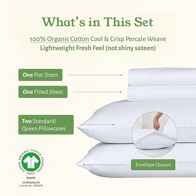 California Design Den Queen Sheet Set - Soft 100% Organic Cotton Sheets with Deep Pockets, Crisp Percale, Breathable and Durable Bedding Set - White