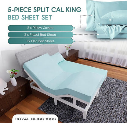 Split California King Sheets Sets - 5 Pcs Set - Split California King Sheets for Adjustable Bed Cal King Split Sheets Sets for Adjustable Bed California King Split Sheets (Aqua)