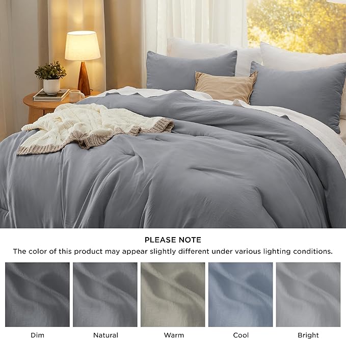 Bedsure Full Comforter Set, Grey Soft Prewashed Bedding for All Seasons, 3 Pieces GentleSoft™ Bed Set, 1 Lightweight Comforter (82"x86") and 2 Pillowcases (20"x26")