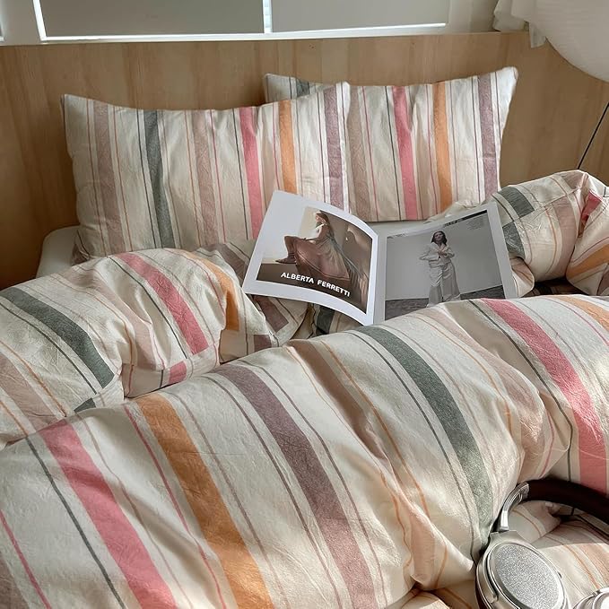 VM VOUGEMARKET Multicolor Striped Duvet Cover Set King Washed Cotton Bedding Stripes Duvet Cover with 2 Pillowcases for Girls Women(Orange/Pink/Green/Coffee)