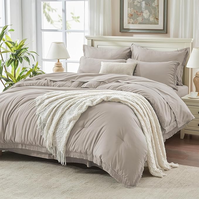 Andency Queen Comforter Set with Sheets Heather Grey - 7 Pieces Boho Tassel Bed in a Bag Soft Lightweight Bedding Sets, Fringe Bed Set with Comforter, Sheets, Pillowcases & Shams
