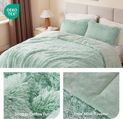 Intelligent Design Malea Shaggy Comforter Set, Long Faux Fur Cozy Down Alternative, Modern Casual Ultra Soft All Season Fluffy Bedding with Matching Sham, Twin/Twin XL, Aqua 2 Piece