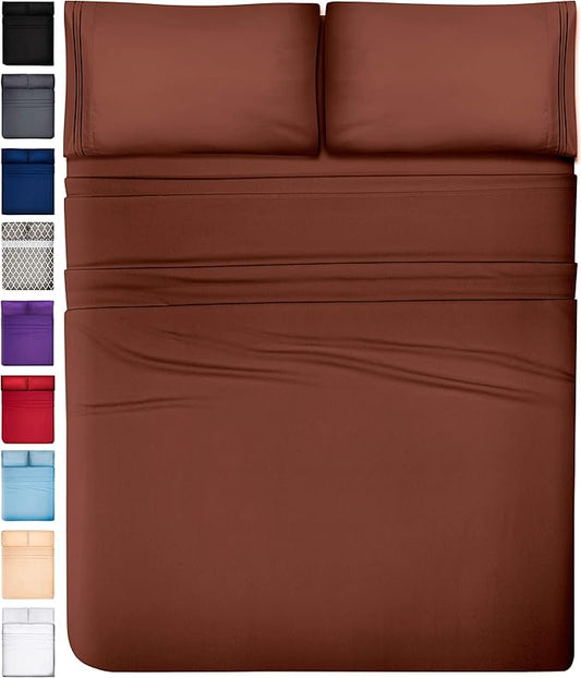 DREAMCARE Twin Sheets - Cooling Bed Sheets - 4pc Set - Deep Pocket - Soft & Long Lasting 100% Polyester with Side Pocket - Brown
