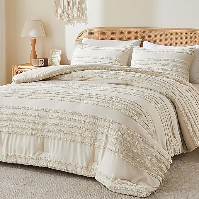 BEDELITE Boho Comforter Set Queen Size, Beige Tufted Boho Bed Set 3 Pieces, Soft & Lightweight Comforter for All Seasons, Jacquard Farmhouse Bedding Set with 2 Pillow Shams