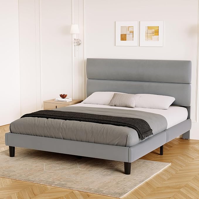 GRUSIGN Queen Size Platform Bed Frame with Velvet Headboard, Adjustable Height Wooden Slats Support, Upholstered Mattress Foundation, Fits Mattress or Mattress with Box Spring, Easy Assembly, Grey