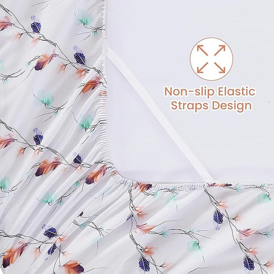Softan Floral Twin Sheet Set, 3-Piece Cozy Microfiber Pastel Blooms Printed Fitted Bed Sheet with 15" Deep Pockets & Non-Slip Straps, Feather Patterned Sheets & Pillowcase Set