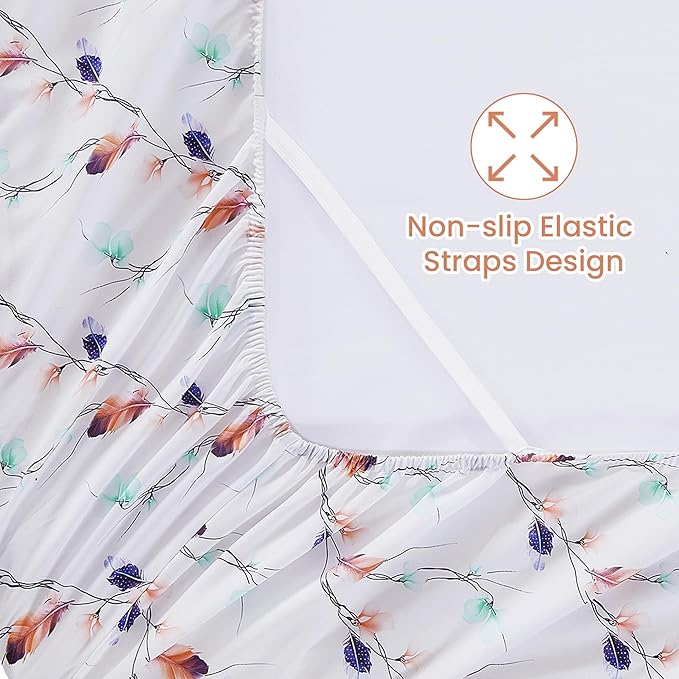 Softan Floral Full Sheet Set, Cozy Microfiber Pastel Blooms Printed Fitted Bed Sheet with 15" Deep Pockets & Non-Slip Straps, Feather Patterned Sheets & Pillowcase Set