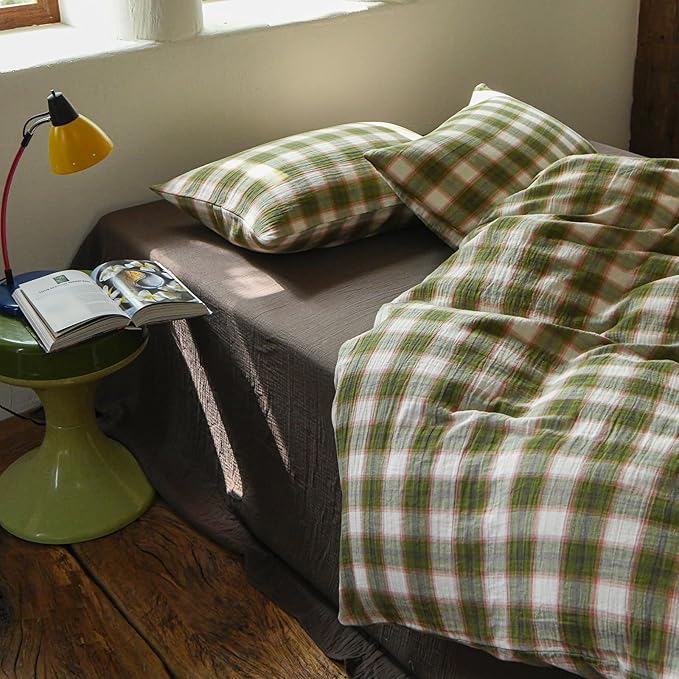 EAVD Vintage Style Gingham Duvet Cover King Soft 100% Muslin Cotton Yarn-Dyed Textured Chic Pink&Green Grid Plaid Bedding Set with 2 Pillowcases British-Style Plaid Duvet Cover with Zipper