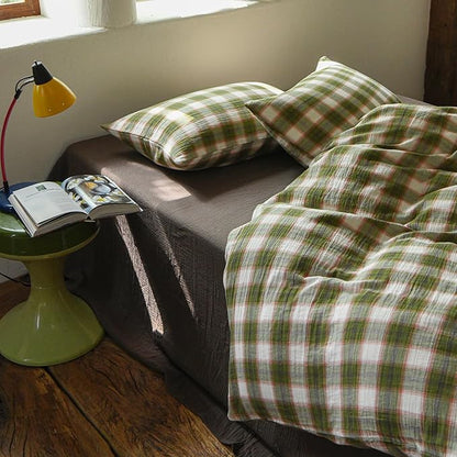 EAVD Vintage Style Gingham Duvet Cover Full Soft 100% Muslin Cotton Yarn-Dyed Textured Chic Pink&Green Grid Plaid Bedding Set with 2 Pillowcases British-Style Plaid Duvet Cover with Zipper