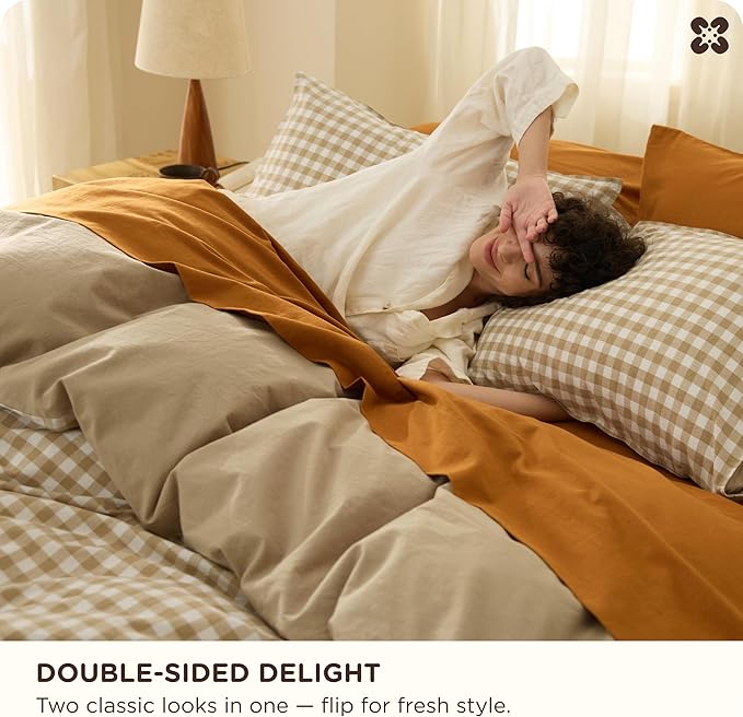 Bedsure Gingham Duvet Cover King Size, 100% Washed Cotton PureWoven Duvet Cover Linen Like Textured, Classic Yarn-Dyed Checkered Pattern Enhances Bedroom Comfort and Style, Gingham Khaki, 104"x90"